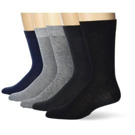 Perry Ellis Men's Portfolio Long Crew Socks with Reinforced Heel and Toe, 5-Pack, Black/Grey/Blue, One Size
