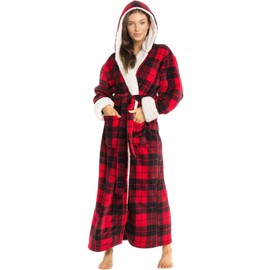 Alexander Del Rossa Sherpa Robes for Women Long, Womens Robes Long Hooded Bathrobes for Women, Plus Size Robe with Hood Red Black Plaid with Cream 3X (A0273Q423X)