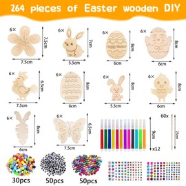 Wooden Pendant Easter Crafts, 264 Pieces Easter Craft Set with Children, DIY Watercolour Pen Decoration, with Watercolour Pen, Rhinestones, Decorative Cord, Eyes for Craft Sets for Children from 6
