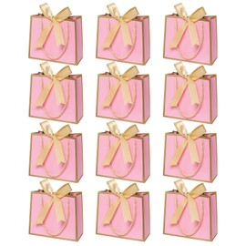 12 Mini Gift Bags with Ribbons, Extra Small Pink Party Favour Bags for Birthday Wedding Baby Shower (5.51× 2.36× 4.72 inches), Gold Ribbons