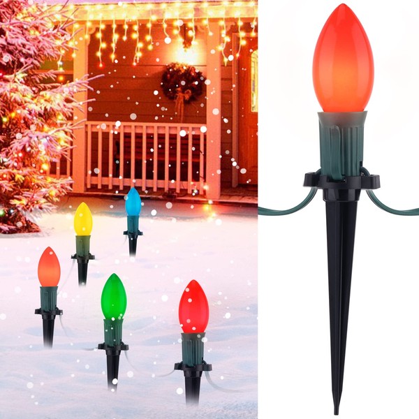 C9 Christmas Pathway Lights Outdoor - 25.7 Feet 20 Ceramic Multicolored Bulbs Walkway Lights with 20 Marker Stakes, Waterproof Connectable C9 String Lights for Sidewalk Outside Yard Decor, 2 Pack