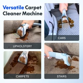Portable Carpet Cleaner Machine with 12000Pa Suction | Dual Tank for Car, Couches & Pet Hair | Stain, Odor & Spot Remover for Carpets, Upholstery, Area Rugs, White (White)