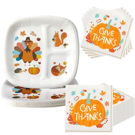 Havawish 60 pack Thanksgiving Tableware Set Include 24 Pcs Happy Turkey Day Divided Paper Plates 36 Pcs Give Thanks Disposable Napkins for Family Autumn Harvest Festival Party Decorations Supplies