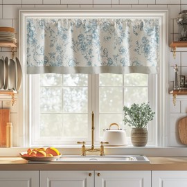 TOPICK Linen Valance Curtain Vintage Floral Small Window Curtain Double Layer Blackout Valance for Kitchen Rustic Valance for Living Room Bedroom 18 Inch Rod Pocket 1 Panel Blue on Beige