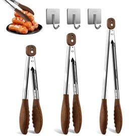Cooking Set of 6 (3 Natural Walnut Wooden Kitchen Tongs 7",9",12",Self-Adhesive 304 Stainless Steel Hook)【Xhiver】- For Grilling, Serving, BBQ, Salad Tossing | Ergonomic Grip, Heat Resistant, Pull Lock