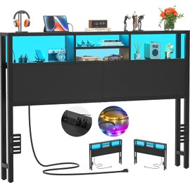 Aheaplus Headboard for Queen Size Bed with Storage, Headboards with Outlets, USB Ports and LED Light, Queen Size Head Board Only, Height Adjustable, Reversible, Sturdy and Stable Headboard, Black