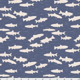 Wilmington Prints - Gone Fishing - Fish Silhouettes - Blue/Cream, Fabric BTY