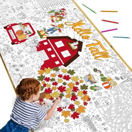 Hello Fall Coloring Poster for Kids Giant Coloring Poster Large Coloring Tablecloth Jumbo Autumn Pumpkin Leaves Truck Coloring Activities Books Supplies for Classroom Home Birthday Party Favor