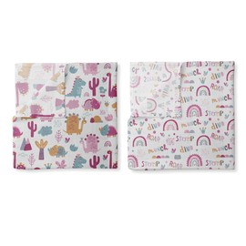 Bacati - Muslin Baby Swaddle Blanket for Girls, Baby Receiving Blanket, Newborn Gift, Baby Shower Item, Wearable Swaddling Set, Large 45 x 45 inch, 2-Pack (Little Dino Pink/Orange/Aqua)