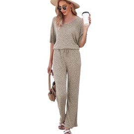 JiniGolla Womens Lounge Set Ribbed Knit Pajama Set Short Sleeve and Pants Pjs Khaki XL