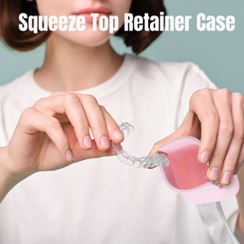 YNSHOUNA Retainer Case, Silicone Squeeze Top Retainer Holder with Lanyard, Slim Cute Aligner Case with Vent Holes, Portable Night Mouth Guard Case Denture Case for Travel (Pink)