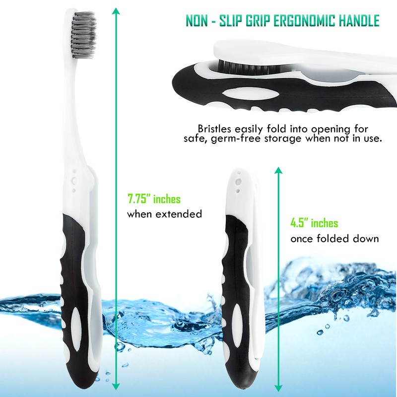 Travel Charcoal Toothbrush, On The Go Folding Feature, Soft Bristle