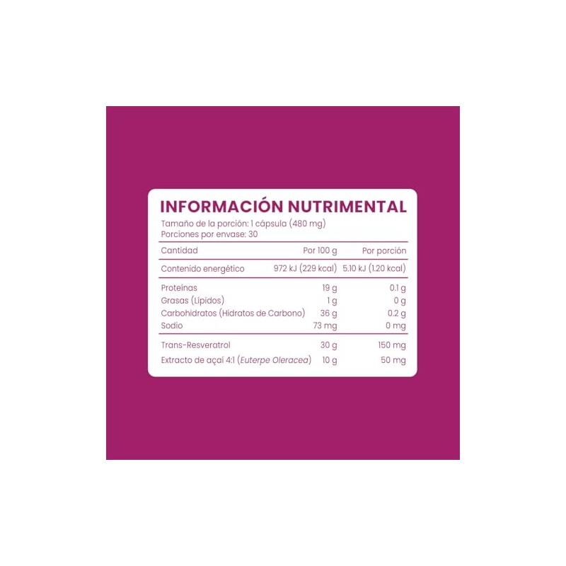 Trans Resveratrol Açaí Antioxidante Suplemento 30 Cápsulas