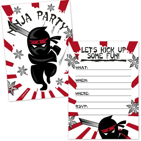 Ninja Samurai Birthday Party Invitations for Kids (20 Count with Envelopes) - Boys Birthday Invites - Ninja Party Supplies