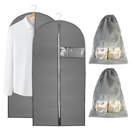 Tenbrachian 2 Garment Bags & 2 Shoe Bags, 23 x 47 in Suit Bags and Garment Covers Bags, Dust-Proof Clothes Covers Protector Bags, Moth Proof Dress Bags with Zip, for Women Men Coat Jacket(Grey)