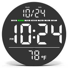 Digital Wall Clock with Large LED Display, Date, Temperature, Auto-Brightness | Small [PLUG-IN] Clock | Modern Electric Wall Clock for Bedroom, Classroom, Living Room, Home, Office, Farmhouse - White