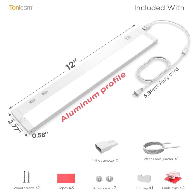Tonlesm 12 Inch Under Cabinet Lighting Plug in, 7W 120V