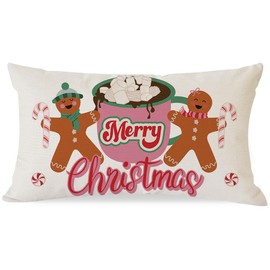 HERHOME Merry Christmas Pillow Cover 12x20 Inch Gingerbread Man Hot Cococa Pink Christmas Decorations Outdoor Winter Holiday Xmas Decorative Lumbar Throw Pillow Case for Party Sofa Couch Home Decor