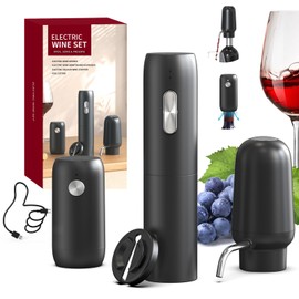CIRCLE JOY Electric Wine Bottle Opener Set Rechargeable 5-in-1 Wine Set with Foil Cutter, Electric Wine Opener, Electric 2in-1 Wine Aerator & Pourer, Electric Vacuum Wine Stopper, Black Silver