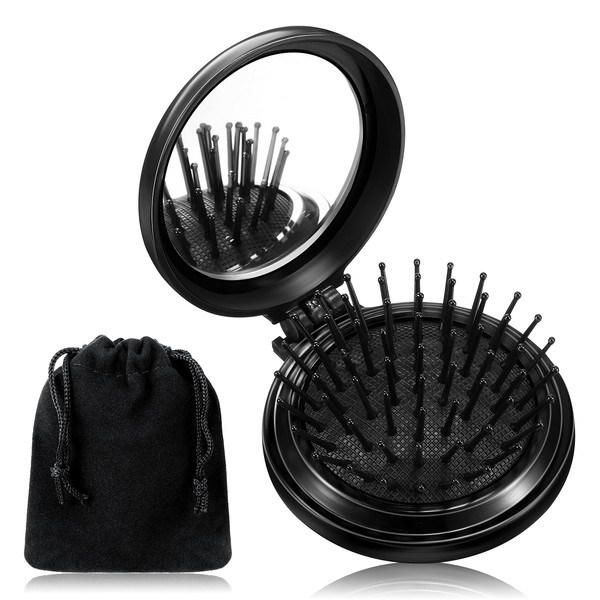 Folding Travel Mirror Hair Brushes, Round Bag, Hair Brush, Compact Size, Hair Massage Comb, Mini Hair Comb with Makeup Mirror for Women and Girls, Black