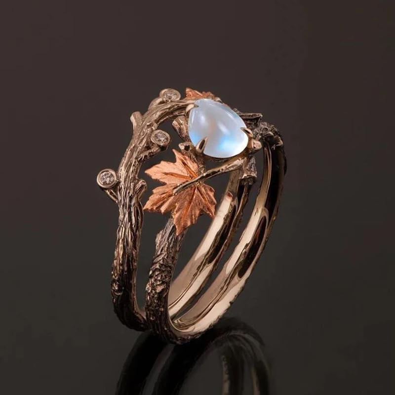 Vintage branch ring, rose gold maple leaf, double ring design,