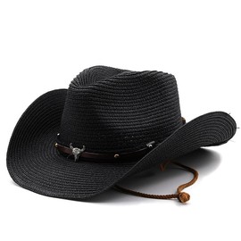 Straw Cowboy Hats Straw Cowgirl Hat for Women Men Wide with Shapeable Wide Brim Foldable Vacation Beach Sun Hat,Black