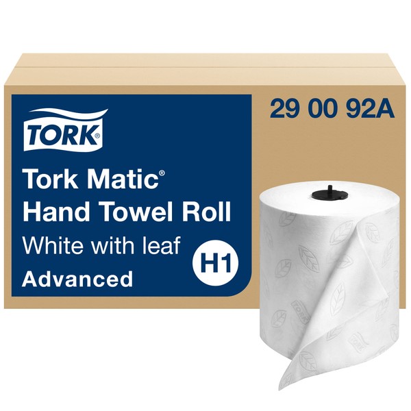 Tork Matic Hand Towel Roll, White With Gray Leaf, Advanced, H1, 100% Recycled Fiber, High Absorbency, Medium Capacity, 2-Ply, 6 Rolls x 525 ft - 290092A