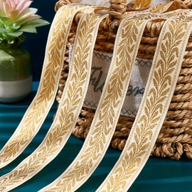 PandaHall Gold Edge Braided Trim, Ethnic Ribbon, Embroidery, Jacquard Trim, Vintage Flower Ribbons, Craft for Sewing, Handmade Bag, Curtain Cover, DIY Clothing Decoration (393.7 inches 1 inches)