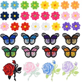 Pack of 36 Iron-On Patches, DIY Clothing Patches, Embroidered Patches, Flowers, Iron-On Patches, Butterfly, Cute Small Iron-On Patches for Adults Children