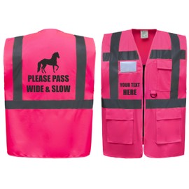 Please Pass Wide & Slow Horse Equestrian Zipped Pink Hi Vis Safety Vest Horse Riding Reflective Waistcoat Road Safety High Visibility, Can Personalise. (Pink, Medium)