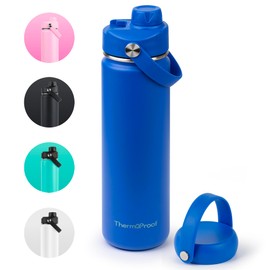 ThermoProof Double-Walled Vacuum Insulated Stainless Steel Water Bottle - Wide Mouth with Chug & Spout Lids, Dishwasher Safe, Reusable, Leakproof, Hot & Cold for Men, Women & Kids - 22oz, Blue