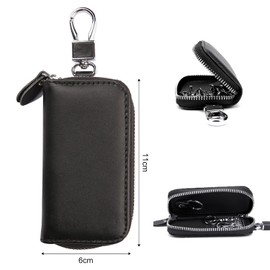 PFLYPF 1 Piece Cowhide Leather Car Key Fob, Large Capacity Zipper Wallet with Hook, Classic Style for Bank Cards, Keys (Black), Black, 50, black