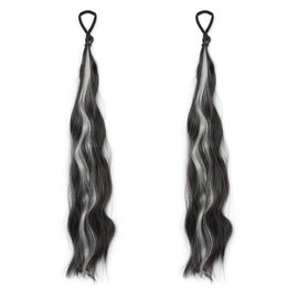 Highlight Gray Colored Wavy Hair Extension With Elastic Tie DIY Extensions Ponytail Natural Soft Synthetic Hair(Highlight Gray)