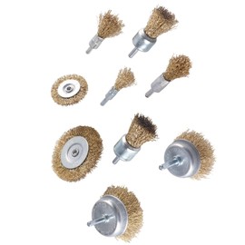 GIVIHGETI 9 Piece Brass Plated Wire Brush Set for Drill, 1/4" Shank for Grinding, Polishing, Cleaning Rust, Removing Paint and Cleaning Wood (Gold)