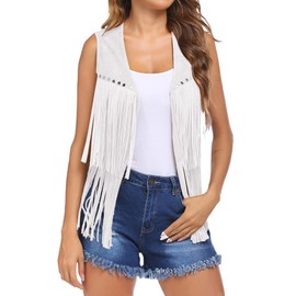 Womens Fringe Vest 70s Hippie Waistcoat Sleeveless Cowgirl Western Faux Suede Tassel Leather Outerwear Cardigan Streetwear (A-White, L)