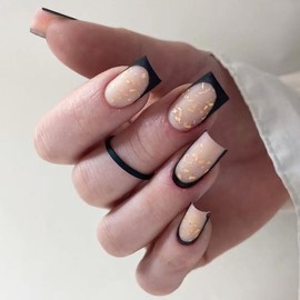 BAOYAALIN Press on Nails Medium Square Matt French Black Fake Nails with Gold Glitter Design, Press ons Artificial Acrylic Full Cover False Stick on Nail for Women Girls Daily Wear Wedding 24Pcs