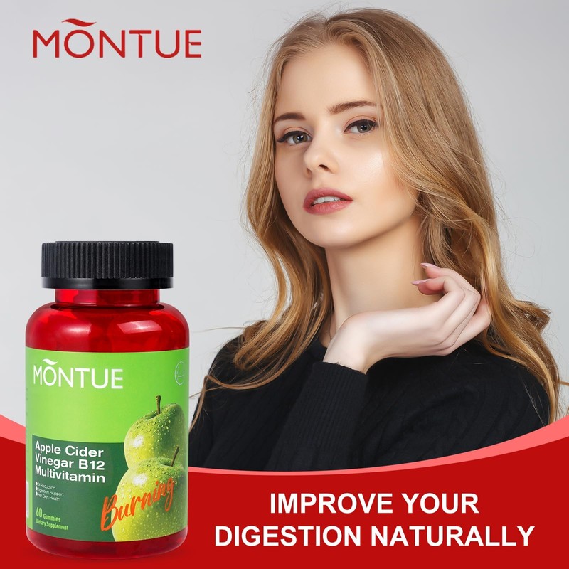 Montue Apple Cider Vinegar Gummies B12 Multivitamin,ACV Supplement Gummy Vitamins,Vegetarian