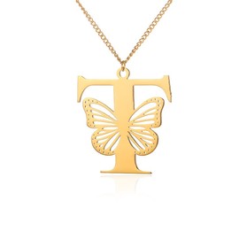 BlingNuts Butterfly Initial T Necklace for Women Gold Letter Pendant Butterflies Love Heart Mom Wife Christmas Family Grand Love Gift Jewelry for Valentine Anniversary Birthday
