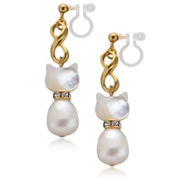 R-days Daikanyama Mother of Pearl Cat Motif Earrings, Non-Hole Earrings, Women's, Black Cat, White Cat, Made in Japan
