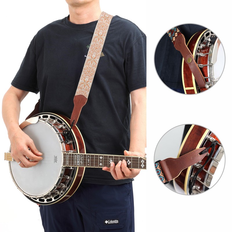 Nefelibata Banjo Strap 2" Wide Full Grain Leather Jacquard Embroidered