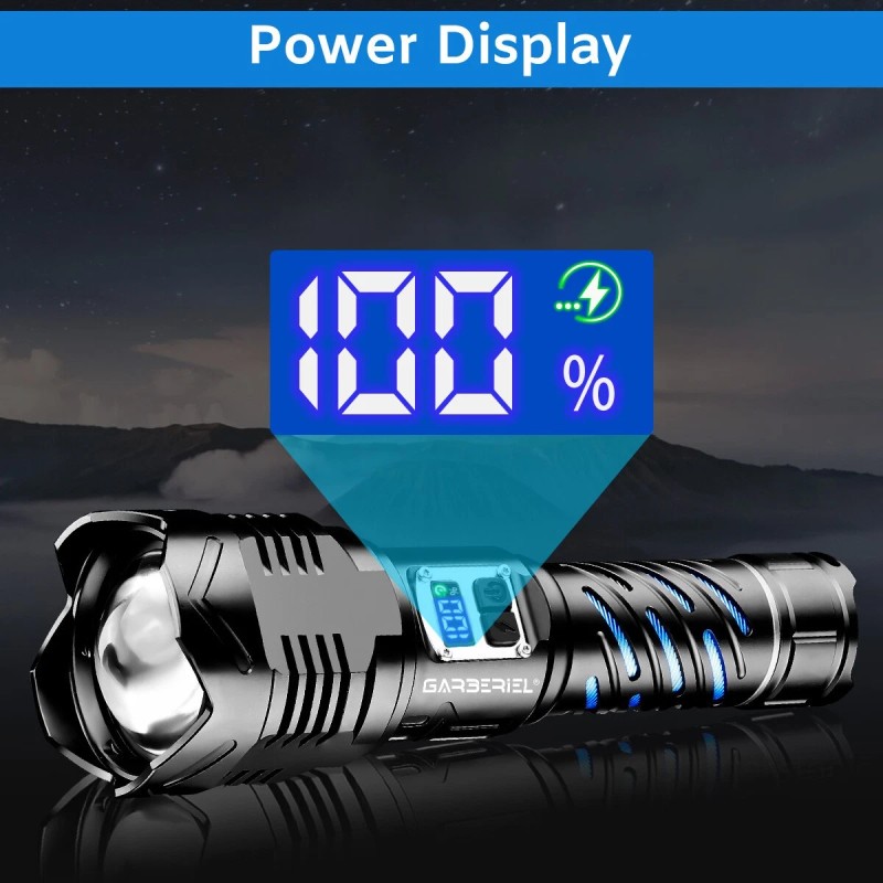 Garberiel Zoom Rechargeable LED Flashlight Tactical Super Bright 50W Torch