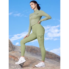 YEOREO CoreFlex Gym Workout Cargo Leggings with Pockets for Women Hidden Scrunch Butt Lifting Yoga Leggings Bean Green L