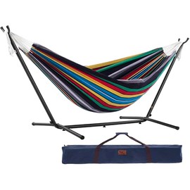 Vivere Double Cotton Hammock with Space Saving Steel Stand, Upgraded Polyester End Strings 450 lb Capacity - Premium Carry Bag Included - USA Grown Cotton (Rio Night)