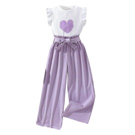 OYOANGLE Girl's 2 Piece Summer Outfits Heart Print Ruffle Tee Shirt and Bow Belted Straight Leg Pants Set Purple White 11-12Y