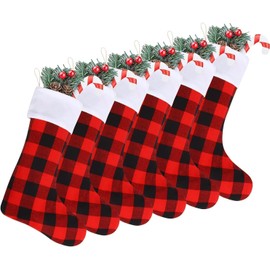DIYASY Christmas Red Black Buffalo Plaid Stockings,6 Pack 18 Inches Large Plaid Stockings with Plush Cuff Decorations for Fireplace Holiday Décor