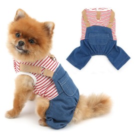 PAIDEFUL Dog Outfits Denim Dogs Overalls Classic Stripe Shirts Bib Pants for Cats Summer Cool Dog Clothes Doggie Jean Jumpsuit Onesie Puppy T-Shirt Apparel with Pocket D-Ring,Red,M