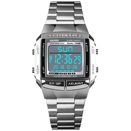 Mens Watches Military Sports Watches Waterproof LED Dual-Time Countdown Alarm Luminous Digital Watch (Silver)