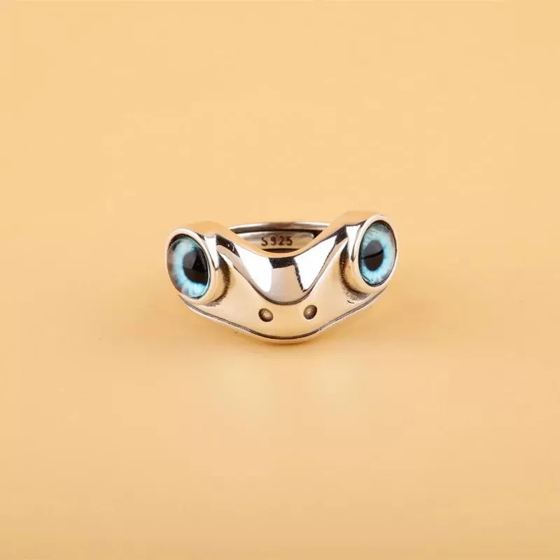 Unbranded Cute Frog Blue Eye Silver Ring, Adjustable Size, Toad,