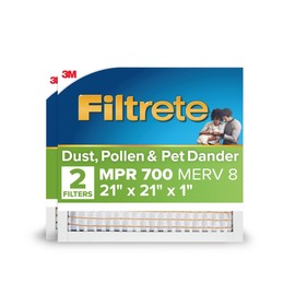 Filtrete 21x21x1 AC Furnace Air Filter, MPR 700, MERV 8, Tough on Pollen, Easy on Airflow, 3-Month Pleated 1-Inch Electrostatic Air Cleaning Filter, 2-Pack (Actual Size 20.81 x 20.81 x 0.81 in)