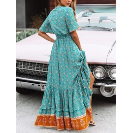 R.Vivimos Womens Summer Cotton Short Sleeve V Neck Floral Print Casual Bohemian Midi Dresses (XL, Green)